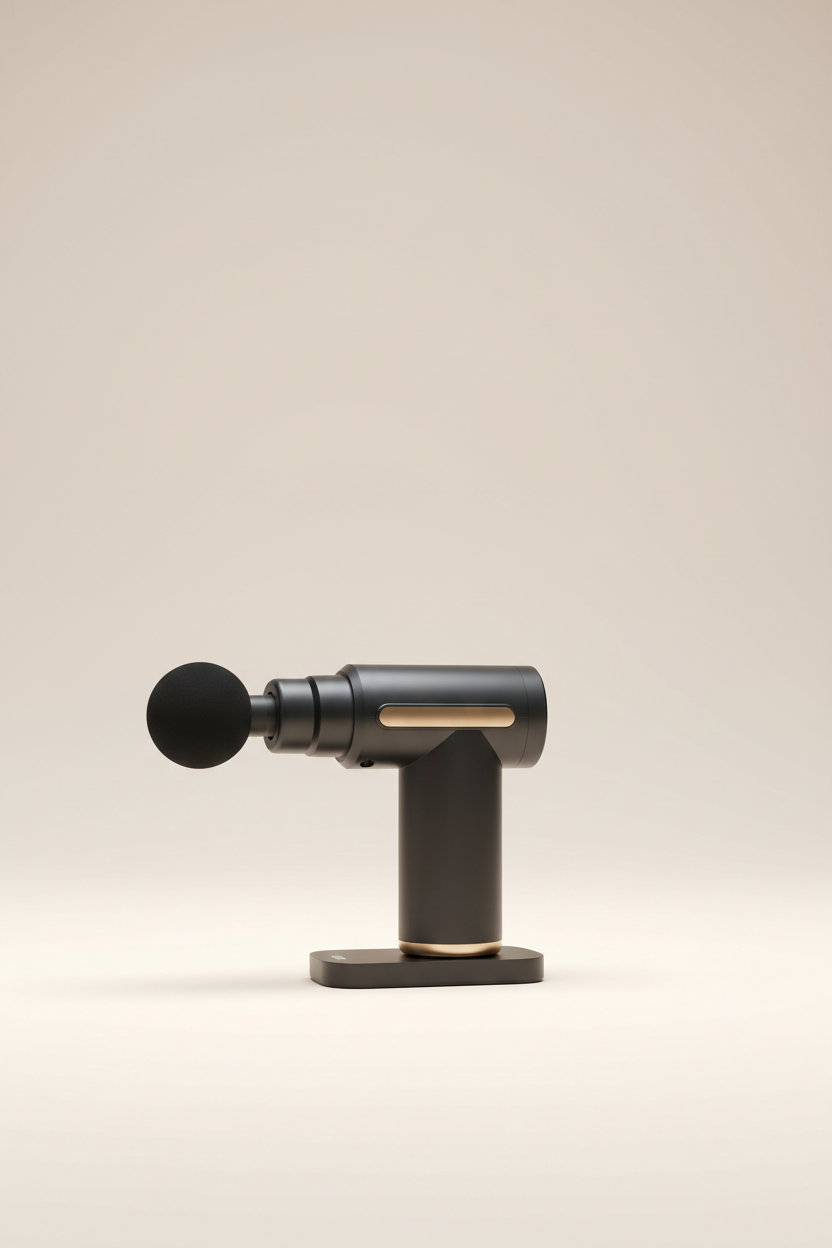 Black ReliefRight massage gun on a clean warm-white studio background